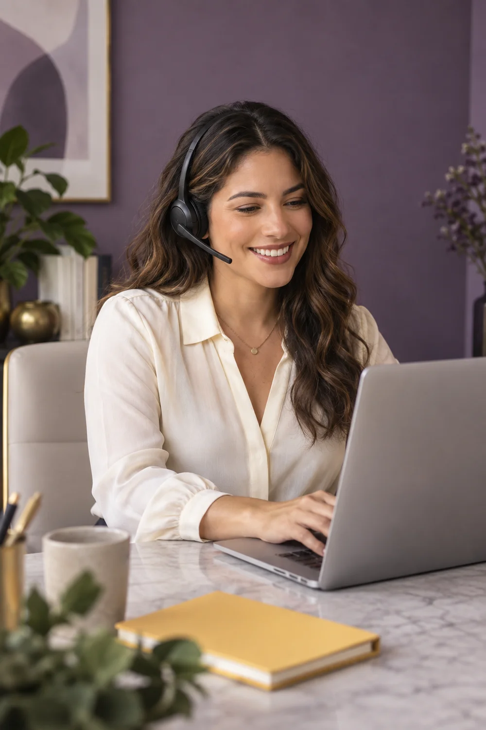 Imagen ilustrativa de una asistente virtual trabajando con auriculares
